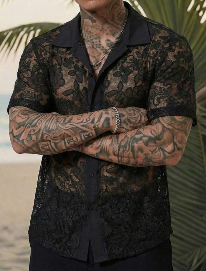 Men's Summer Beach Vacation Sheer Lace Loose Fit Drop Shoulder Shirt
